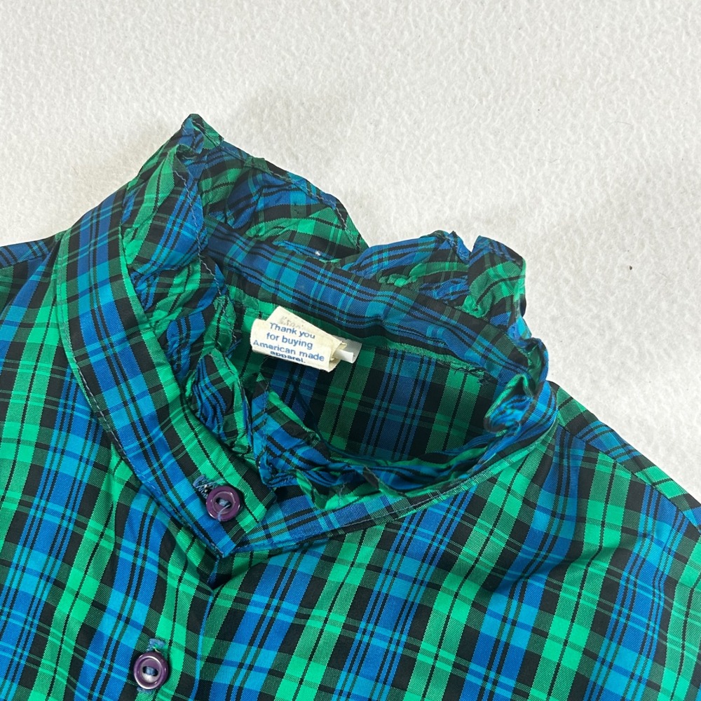 Vintage JCPenney Fashions Plaid Blouse Green Blue Ruffle Neck ILGWU USA 13/14 - Picture 5 of 9